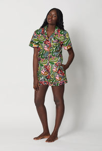A lady wearing  Multi-Color Short Sleeve Classic Woven Cotton Poplin Shorty Pj Set side view