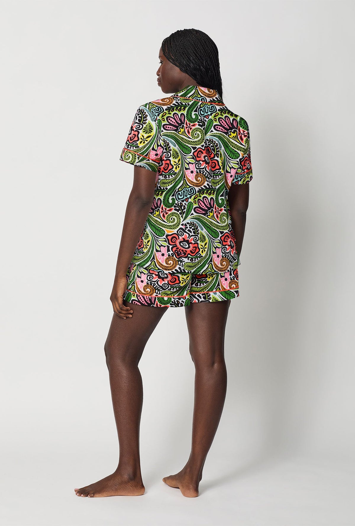 A lady wearing  Multi-Color Short Sleeve Classic Woven Cotton Poplin Shorty Pj Set back view