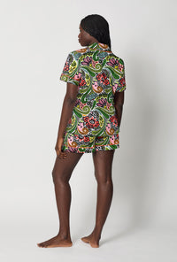 A lady wearing  Multi-Color Short Sleeve Classic Woven Cotton Poplin Shorty Pj Set back view