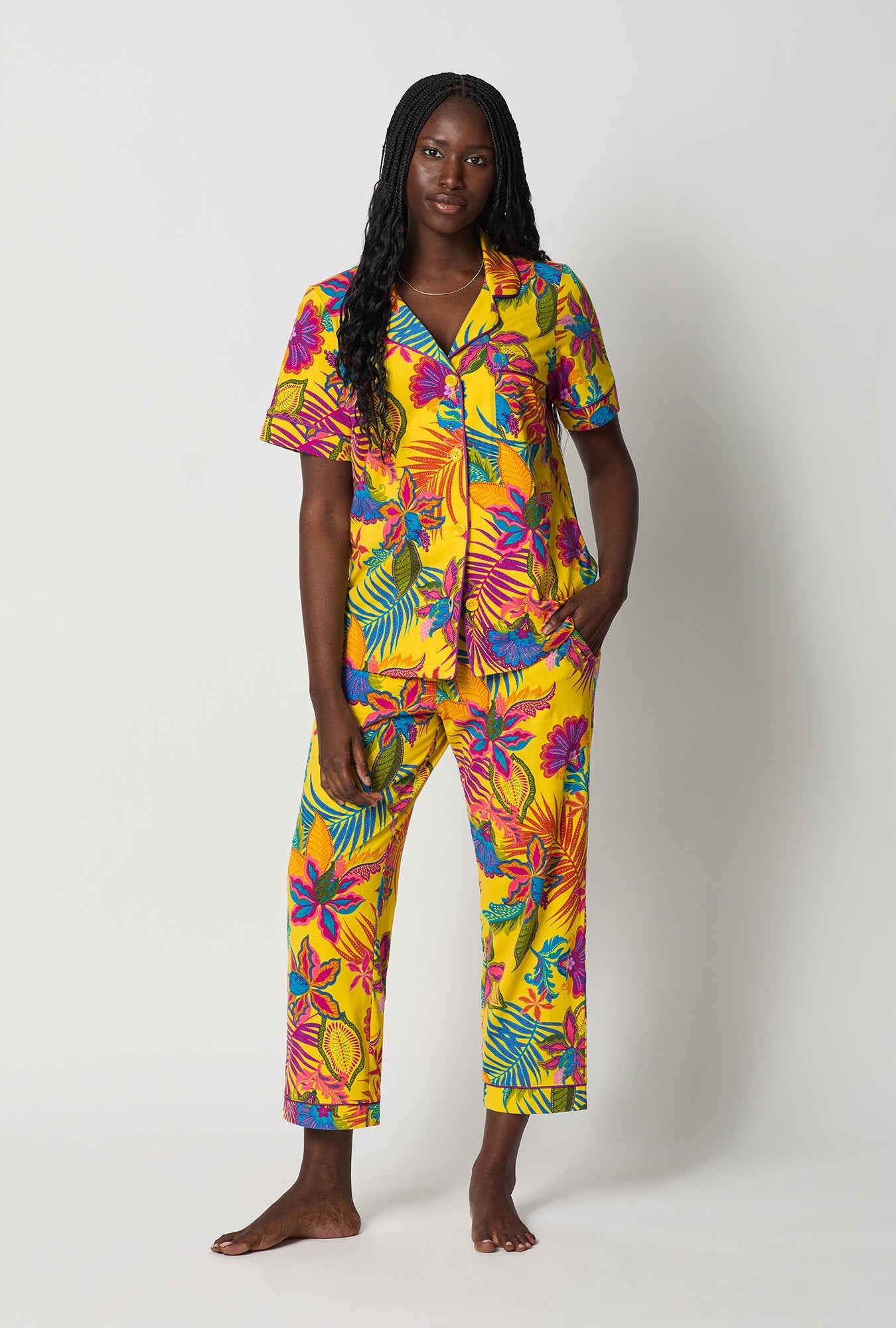 A lady wearing  Yellow Short Sleeve Classic Stretch Jersey Cropped Pj Set front view