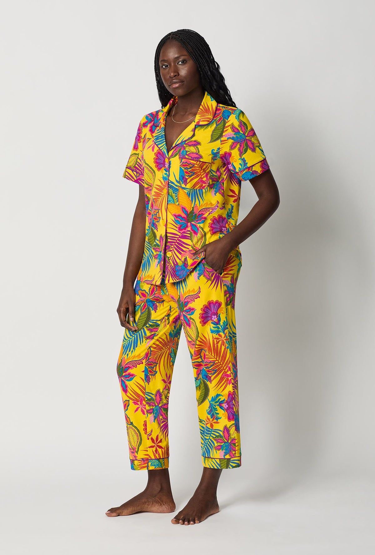 A lady wearing  Yellow Short Sleeve Classic Stretch Jersey Cropped Pj Set side view