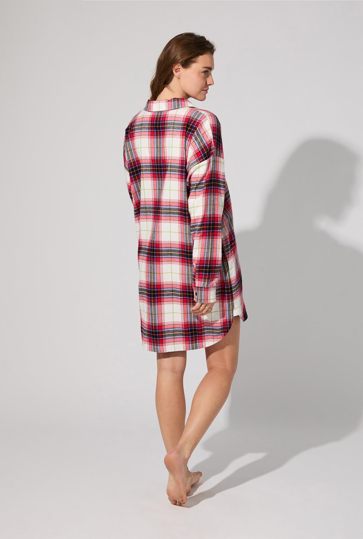 A lady wearing Equestrian Plaid High Low Woven Portuguese Flannel Boyfriend Shirt