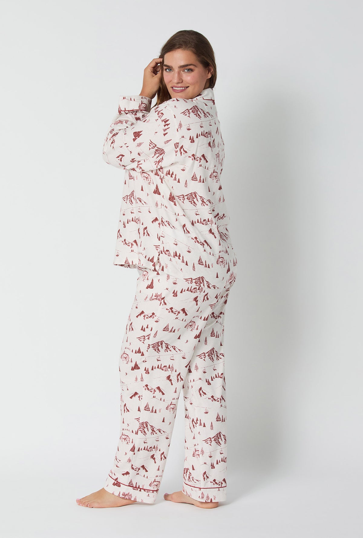 A lady wearing Alpine Toile Long Sleeve Classic Woven Portuguese Flannel PJ Set