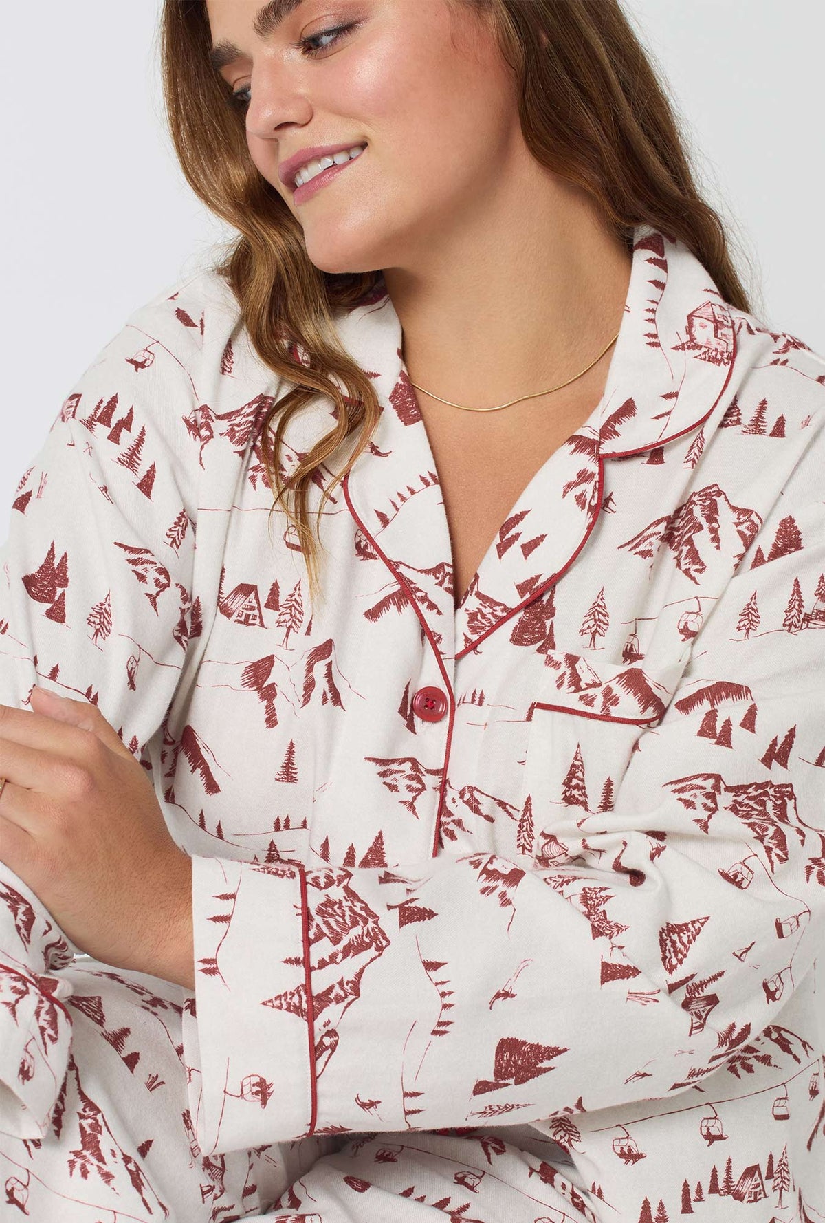 A lady wearing Alpine Toile Long Sleeve Classic Woven Portuguese Flannel PJ Set