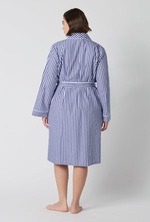 A Lady Wearing Plus Size Navy Signature Stripe Lined Woven Cotton Sateen Robe posing with a back view look
