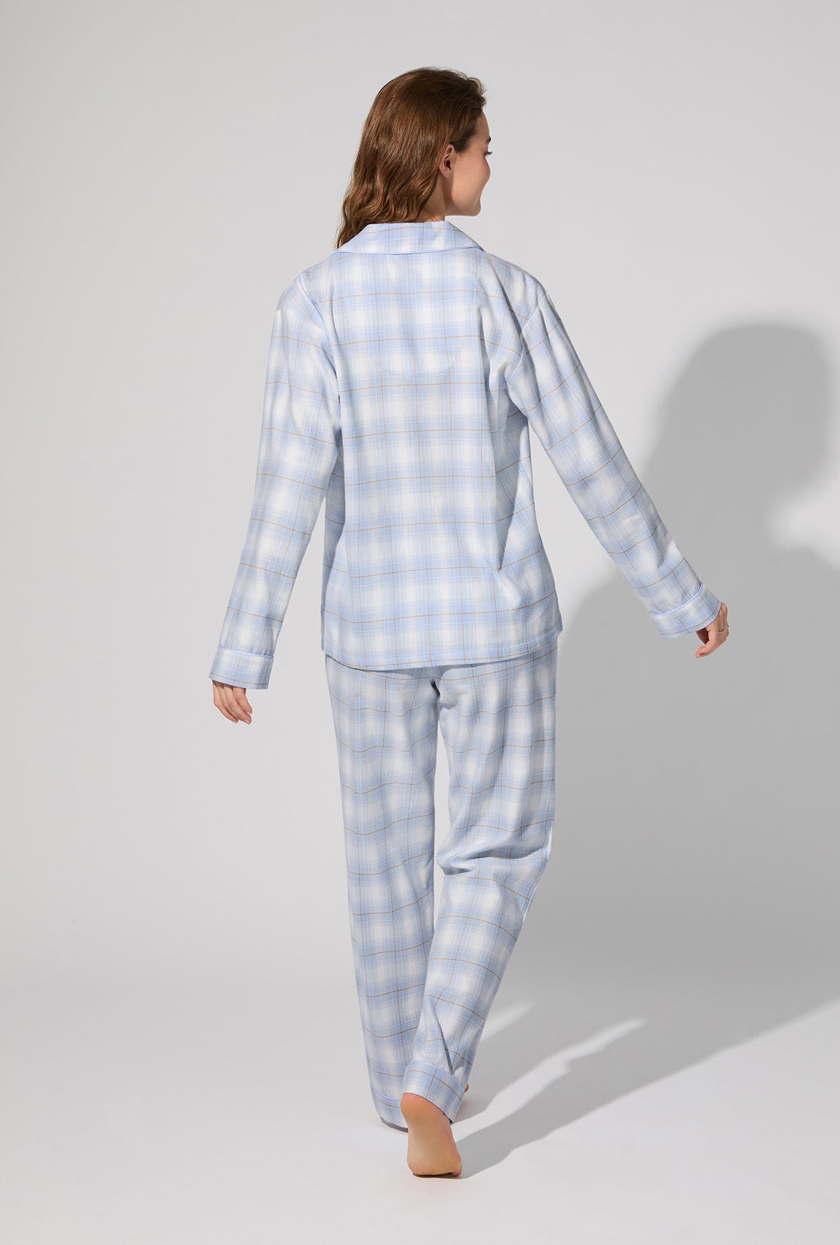 A lady wearing Blue Mountain Plaid Long Sleeve Classic Woven Portuguese Flannel PJ Set