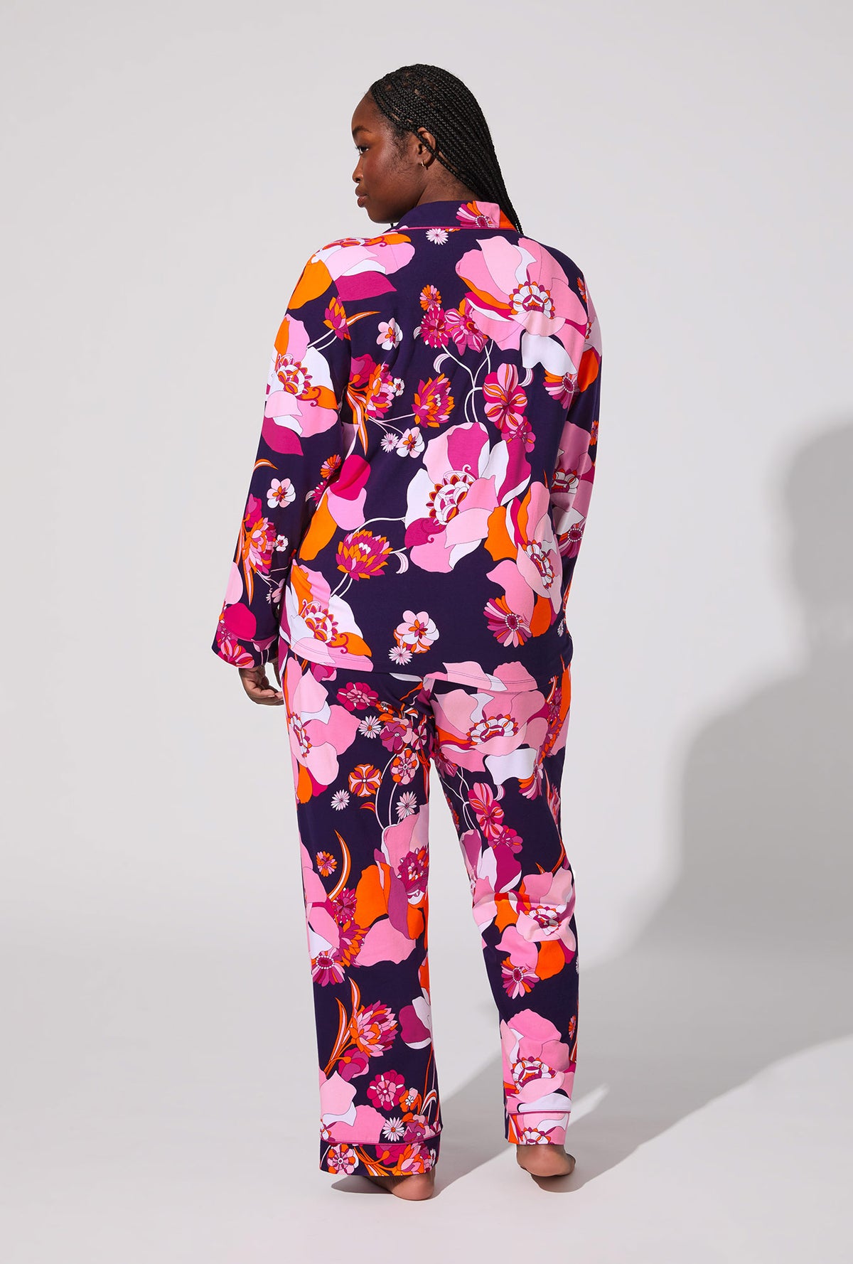 A lady wearing Floral Medley Long Sleeve Classic Stretch Jersey PJ Set