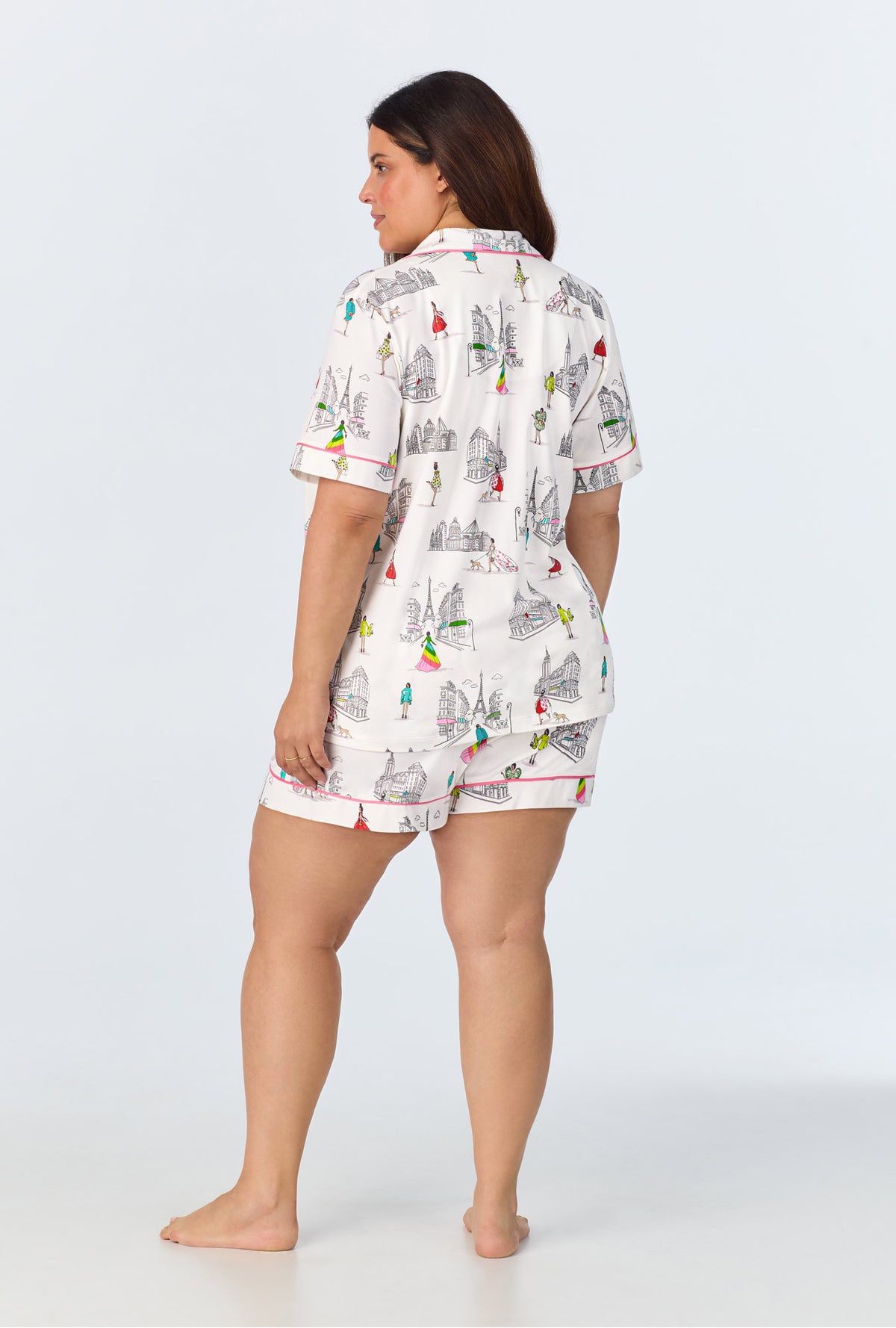 A lady wearing Newport Travel in Style Short Sleeve Classic Shorty Stretch Jersey PJ Set