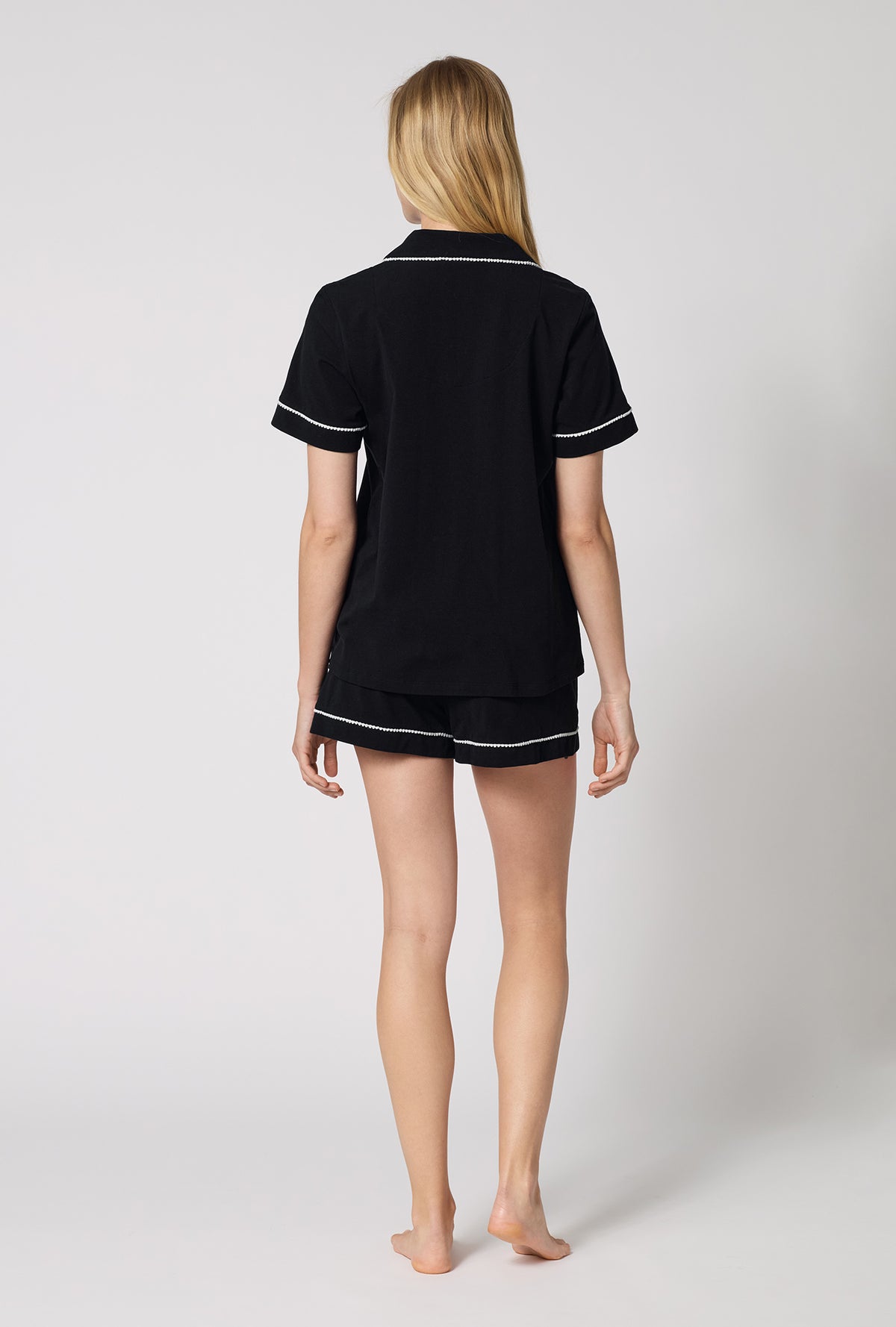 A lady wearing Black Beauty Short Sleeve Classic Shorty Stretch Jersey Pj Set back view