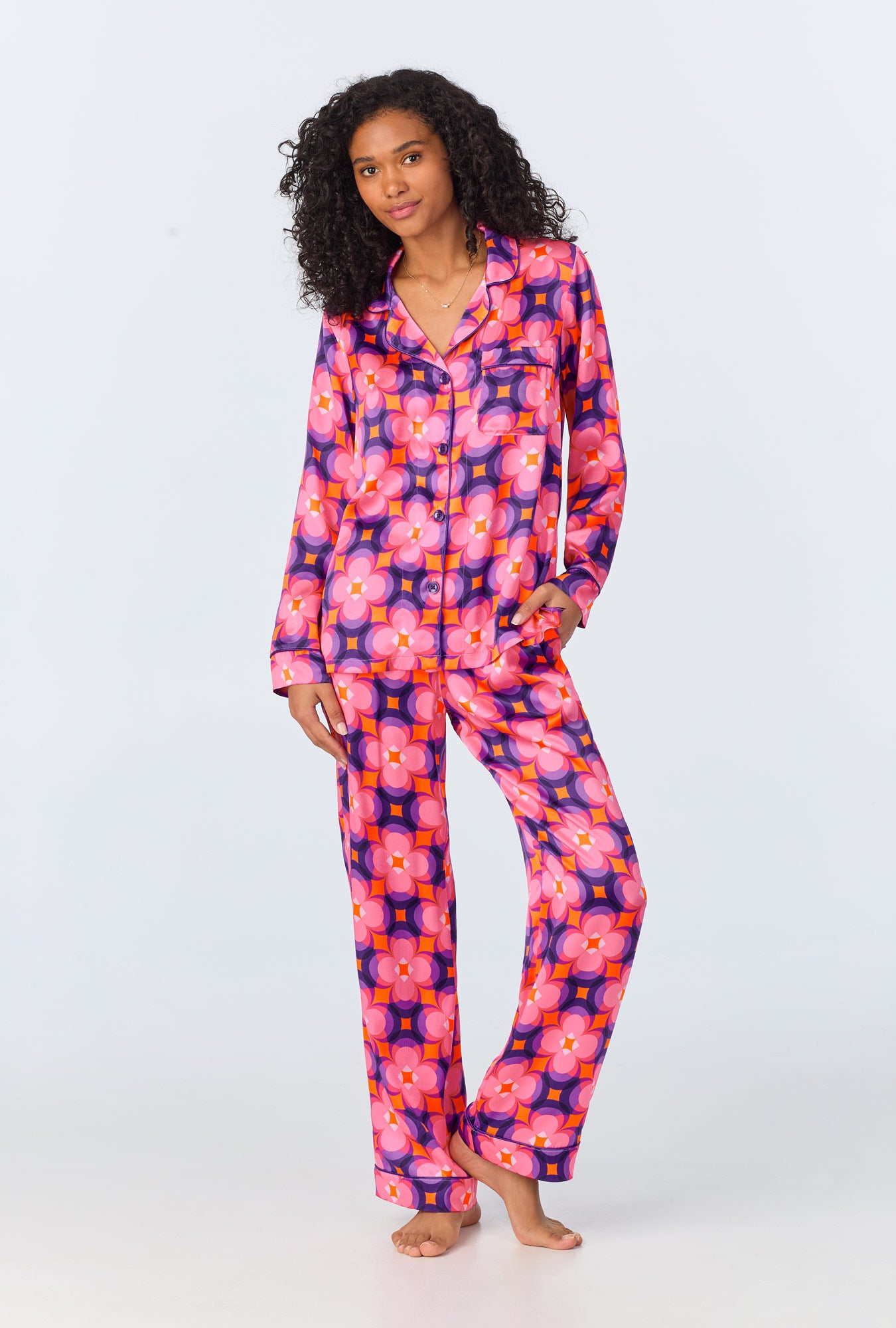 A lady wearing Space Cat Long Sleeve Classic Woven Washable Silk PJ Set