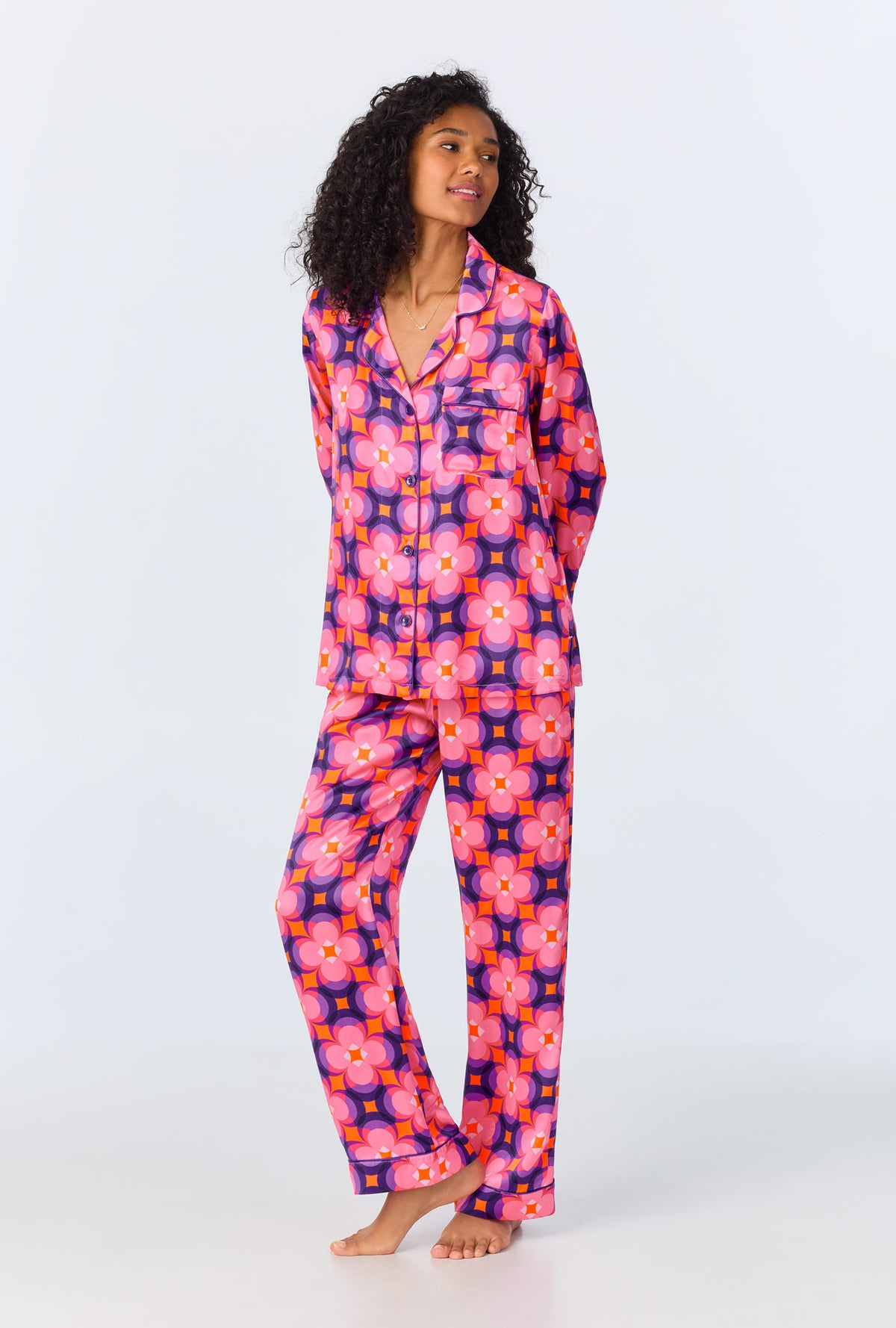 A lady wearing Space Cat Long Sleeve Classic Woven Washable Silk PJ Set