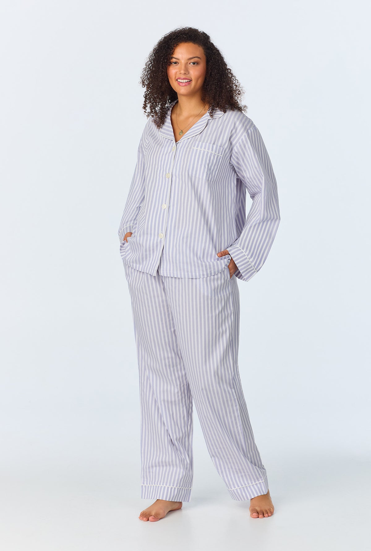 Blue 3D Stripe Long Sleeve Classic Woven Cotton Sateen PJ Set