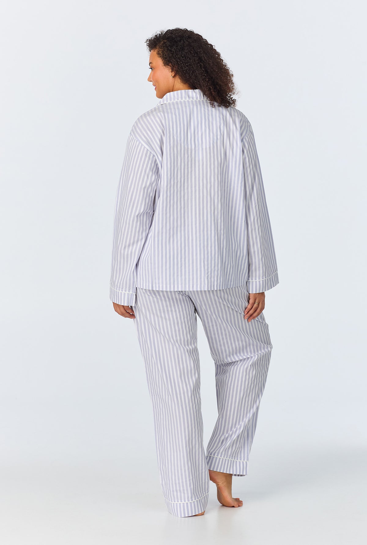 Blue 3D Stripe Long Sleeve Classic Woven Cotton Sateen PJ Set