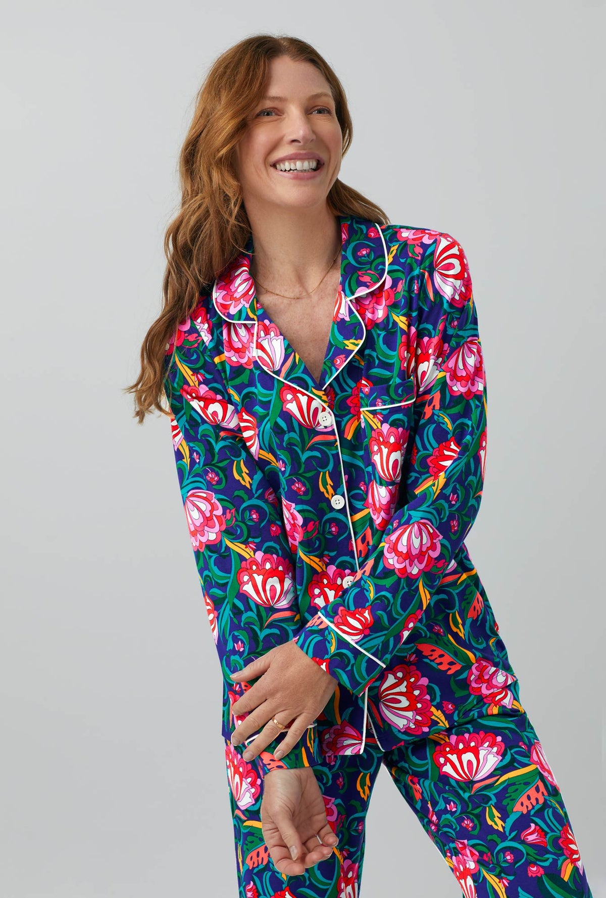 A lady wearing India Garden Long Sleeve Classic Stretch Jersey PJ Set