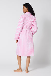 A Lady Wearing Pink Signature Stripe Lined Woven Cotton Sateen Robe posing a full back view look