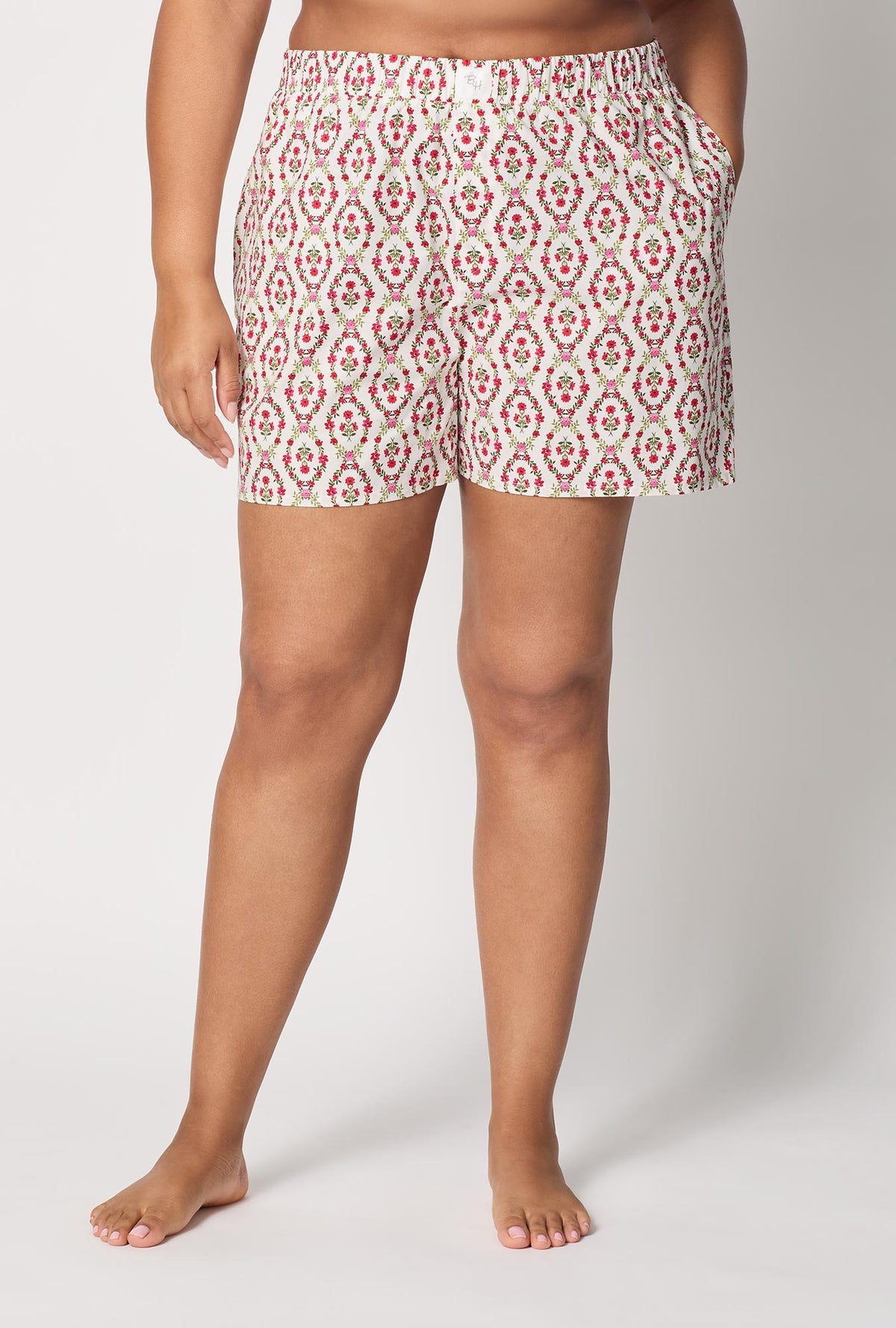 A lady wearing plus size Olivia Woven Cotton Poplin Boxer Short