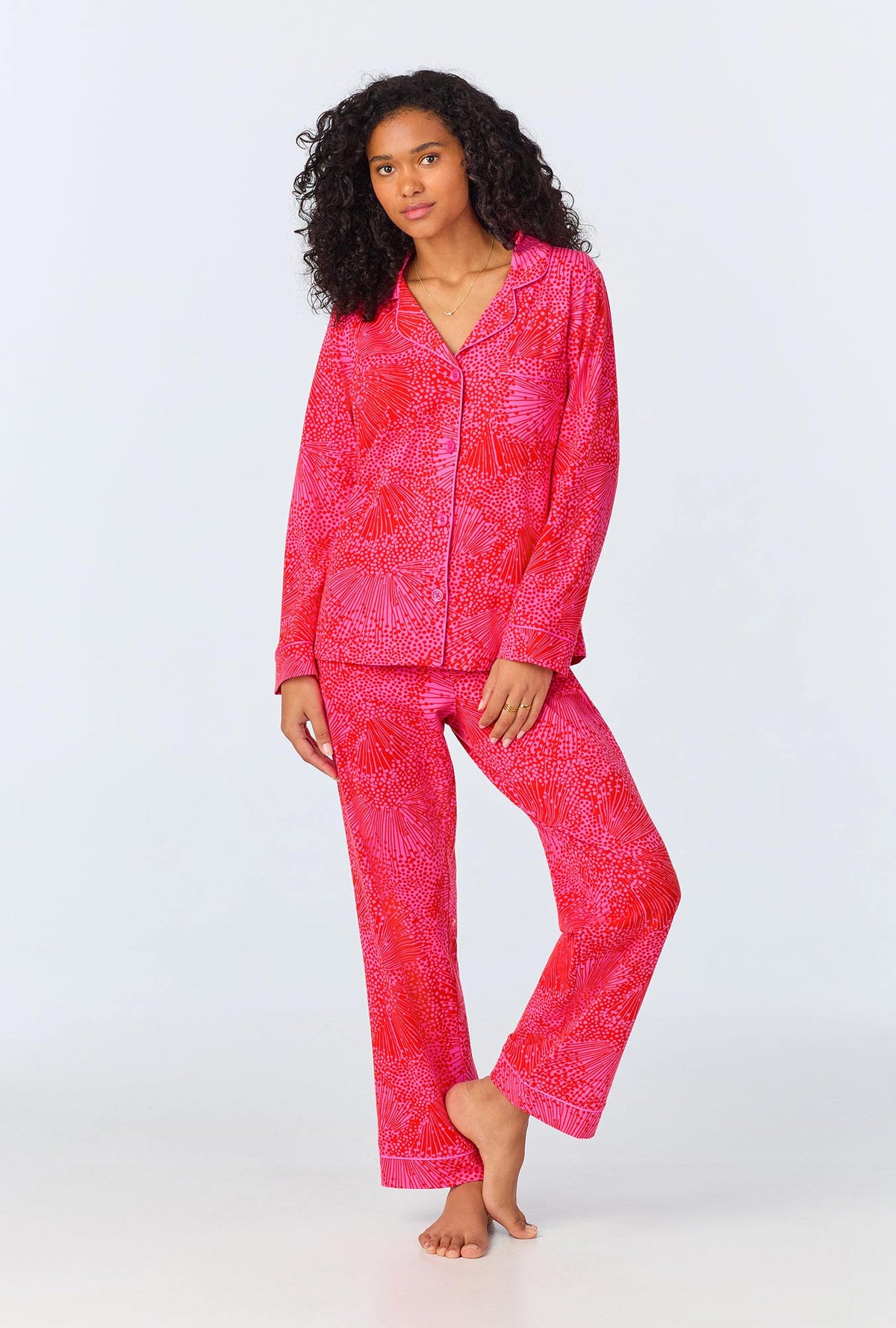 A lady wearing Starburst Long Sleeve Classic Stretch Jersey PJ Set