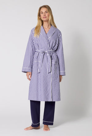 A Lady Wearing Navy Signature Stripe Lined Woven Cotton Sateen Robe