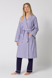 A Lady Wearing Navy Signature Stripe Lined Woven Cotton Sateen Robe facing front in a full standing pose