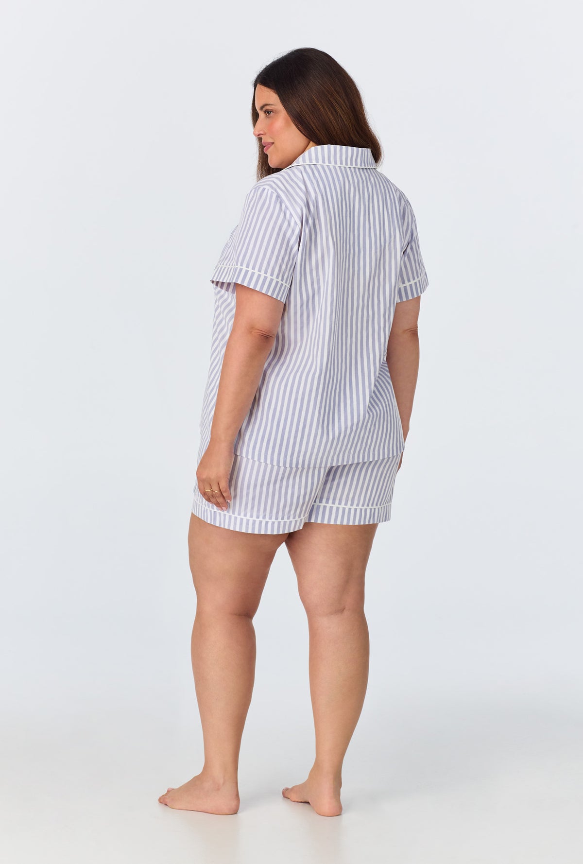 Blue 3D Stripe Short Sleeve Classic Shorty Woven Cotton Sateen PJ Set