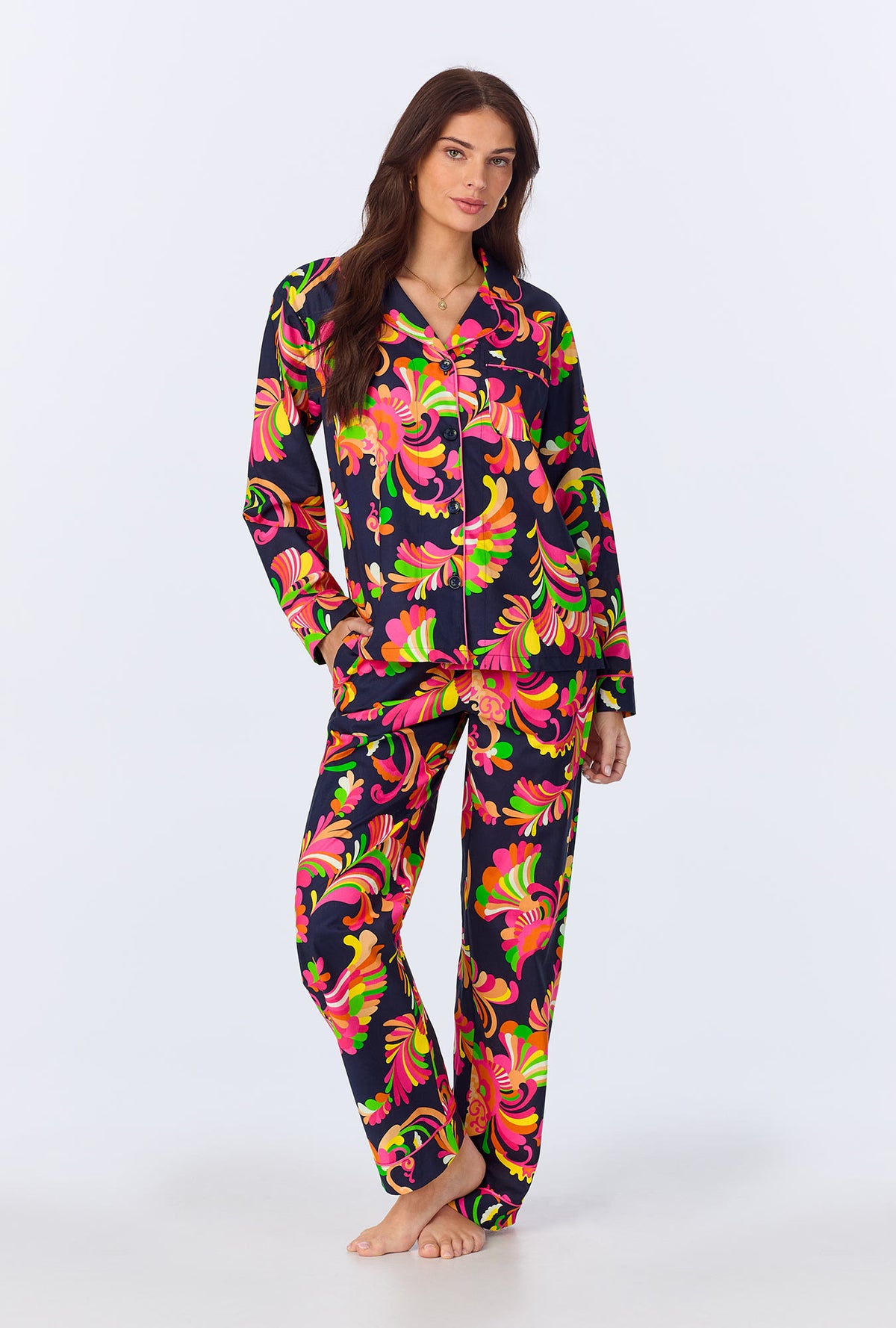 A lady wearing BedHead x Trina Turk Theodora Long Sleeve Classic Woven Cotton Poplin PJ Set