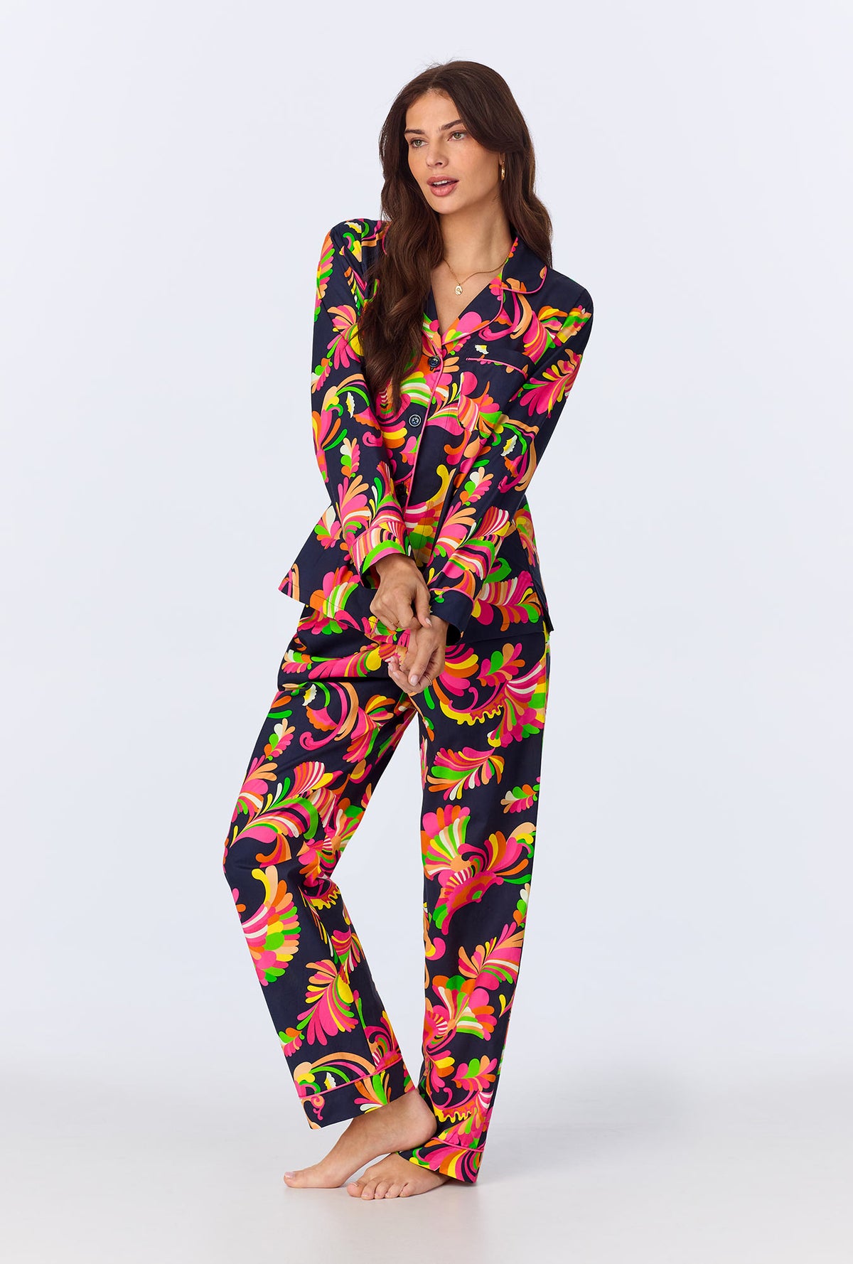 A lady wearing BedHead x Trina Turk Theodora Long Sleeve Classic Woven Cotton Poplin PJ Set