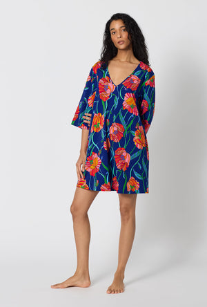 A Lady Wearing BedHead x Trina Turk Linear Poppy Stretch Jersey Sleep Dress in a side angled pose