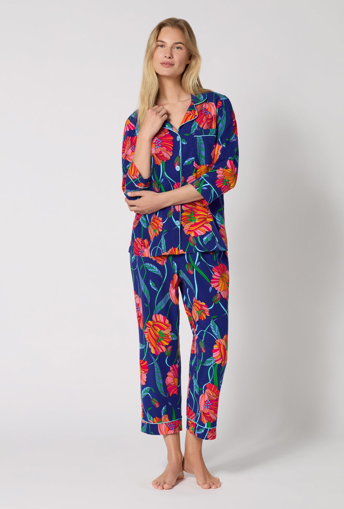 A Lady Wearing BedHead x Trina Turk Linear Poppy 3/4 Sleeve Classic Stretch Jersey Cropped Pj Set