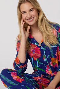 A Lady Wearing BedHead x Trina Turk Linear Poppy 3/4 Sleeve Classic Stretch Jersey Cropped Pj Set in a front close up view pose