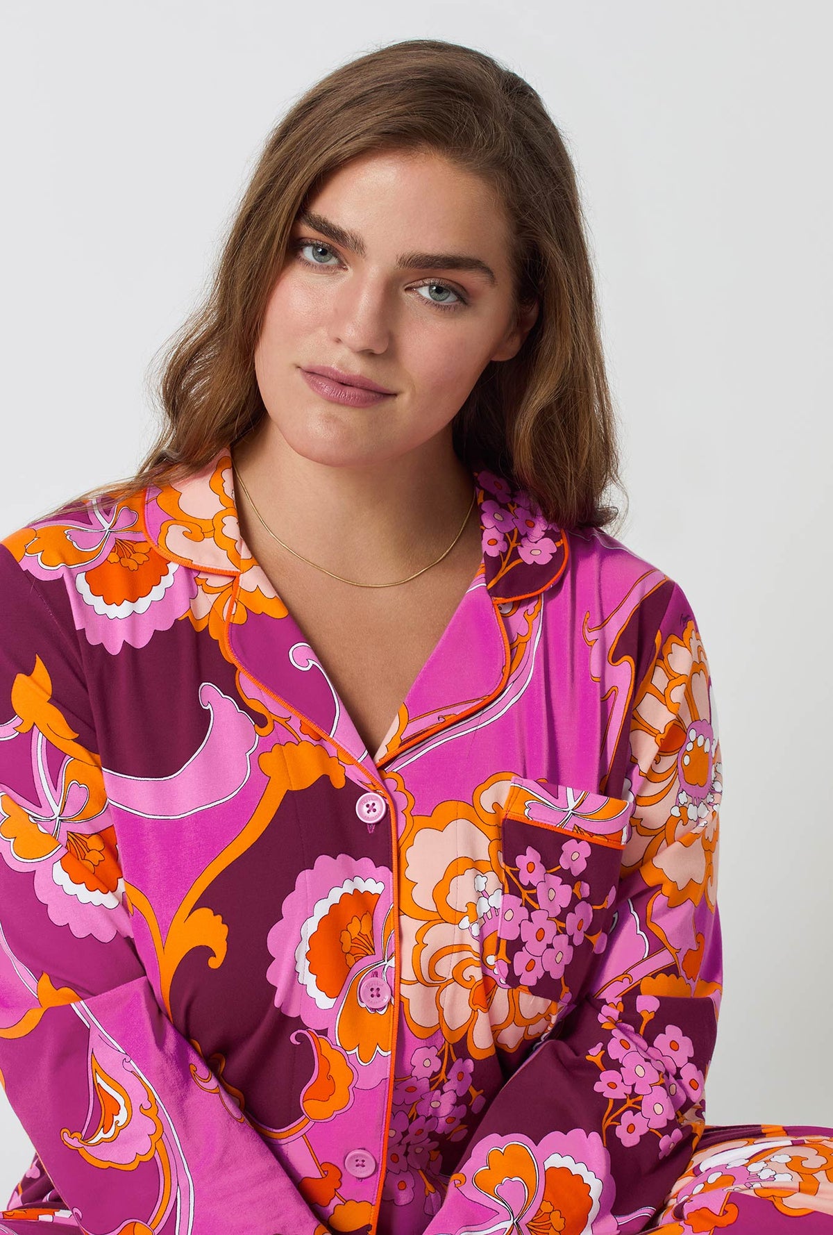 A lady wearing BedHead X Trina Turk Apache Plume Long Sleeve Classic Stretch Jersey Pj Set