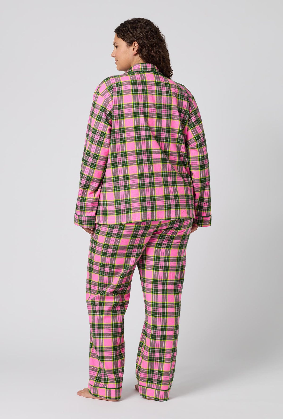 A Lady Wearing Plus Size BedHead x Trina Turk Palm Springs Tartan Long Sleeve Classic Woven Portuguese Flannel Pj Set in a back view pose