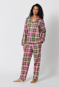 A Lady Wearing BedHead x Trina Turk Palm Springs Tartan Long Sleeve Classic Woven Portuguese Flannel Pj Set in a side angled pose