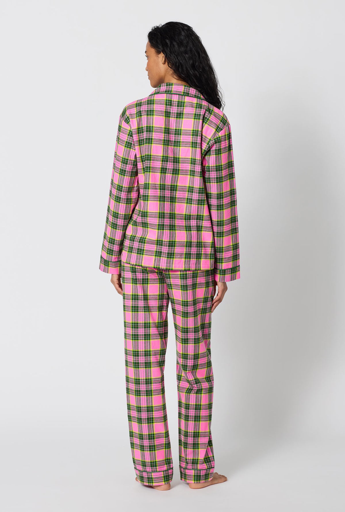 A Lady Wearing BedHead x Trina Turk Palm Springs Tartan Long Sleeve Classic Woven Portuguese Flannel Pj Set in a back view pose