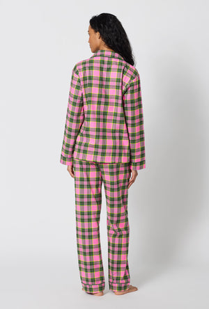 A Lady Wearing BedHead x Trina Turk Palm Springs Tartan Long Sleeve Classic Woven Portuguese Flannel Pj Set in a back view pose