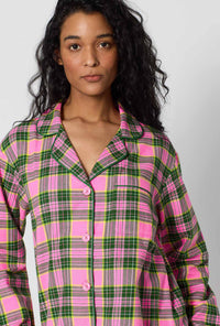 A Lady Wearing BedHead x Trina Turk Palm Springs Tartan Long Sleeve Classic Woven Portuguese Flannel Pj Set in a close up shot