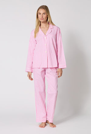 Pink 3D Stripe Long Sleeve Classic Woven Cotton Sateen PJ Set