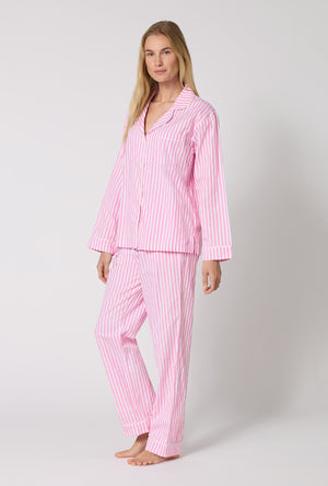 Pink 3D Stripe Long Sleeve Classic Woven Cotton Sateen PJ Set
