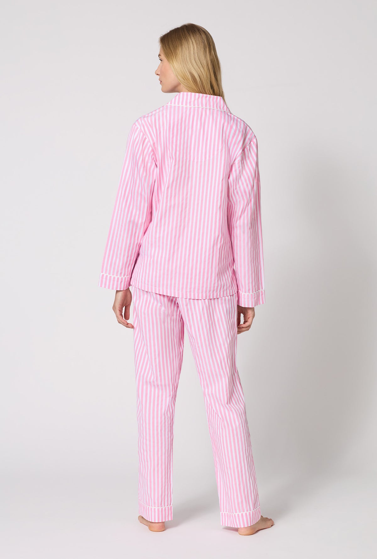 Pink 3D Stripe Long Sleeve Classic Woven Cotton Sateen PJ Set
