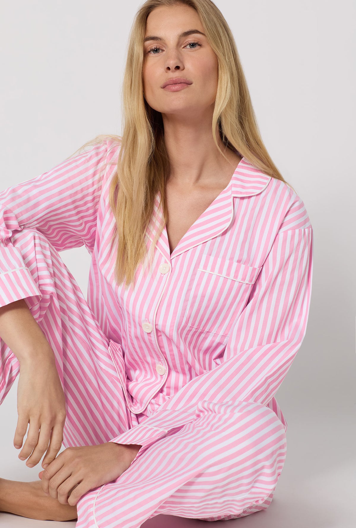 Pink 3D Stripe Long Sleeve Classic Woven Cotton Sateen PJ Set