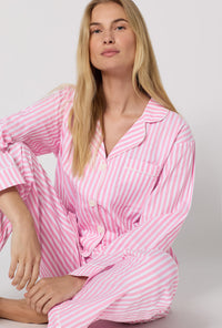 Pink 3D Stripe Long Sleeve Classic Woven Cotton Sateen PJ Set