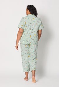 A lady wearing plus size Lawn Games Short Sleeve Classic Stretch Jersey Cropped Pj Set