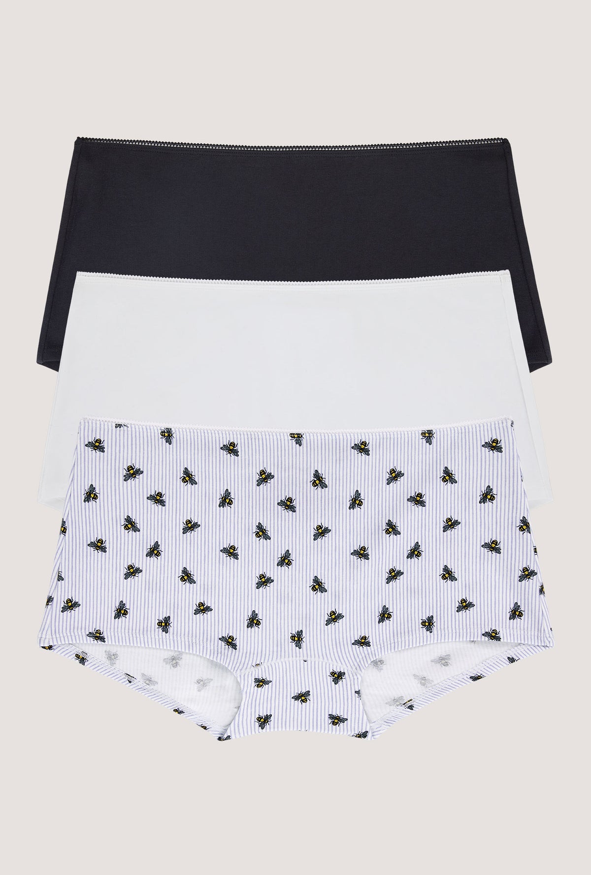 A Stretch Jersey Boyshort Underwear 3 Pack in Black, White, Honey Bees