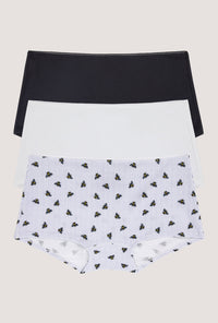 A Stretch Jersey Boyshort Underwear 3 Pack in Black, White, Honey Bees