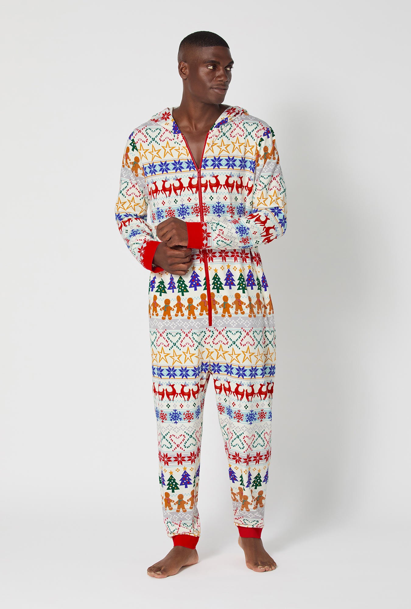 A man wearing Deck The Halls Long Sleeve Stretch Jersey Unisex Onesie