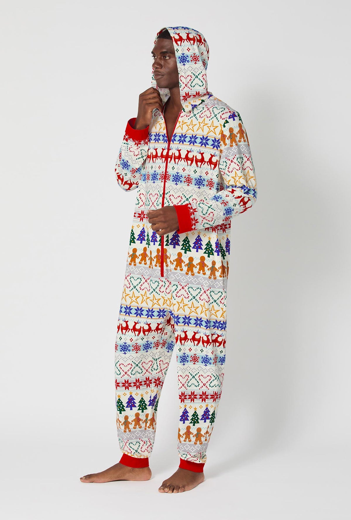 A man wearing Deck The Halls Long Sleeve Stretch Jersey Unisex Onesie