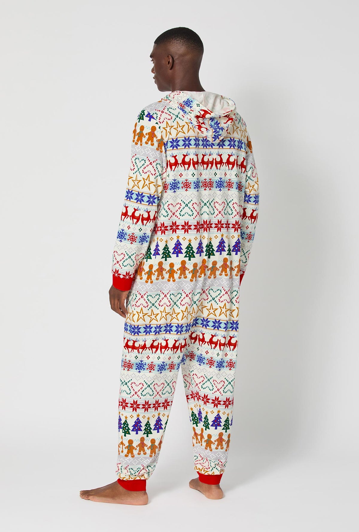 A man wearing Deck The Halls Long Sleeve Stretch Jersey Unisex Onesie