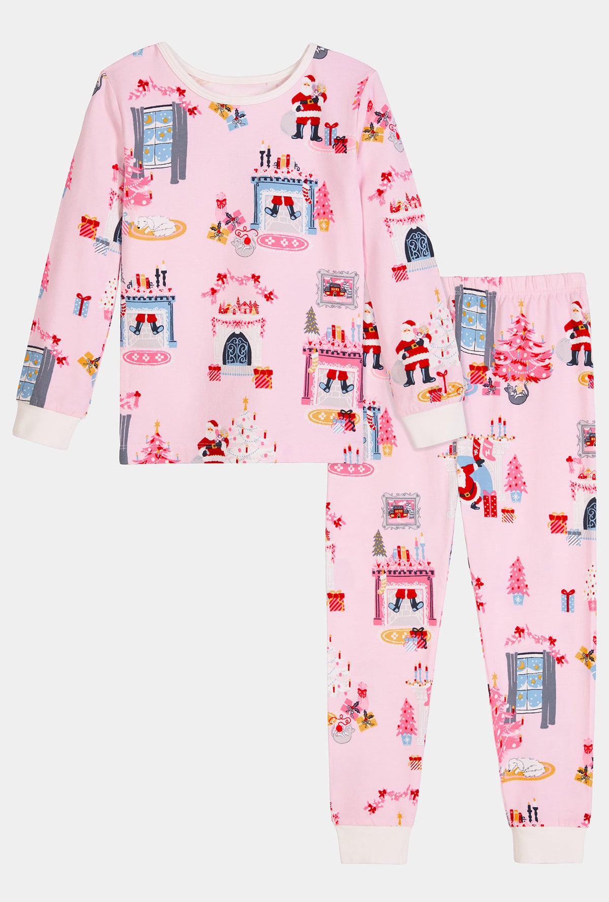 A girl wearing Must Be Santa Long Sleeve Stretch Jersey Kids Pj Set
