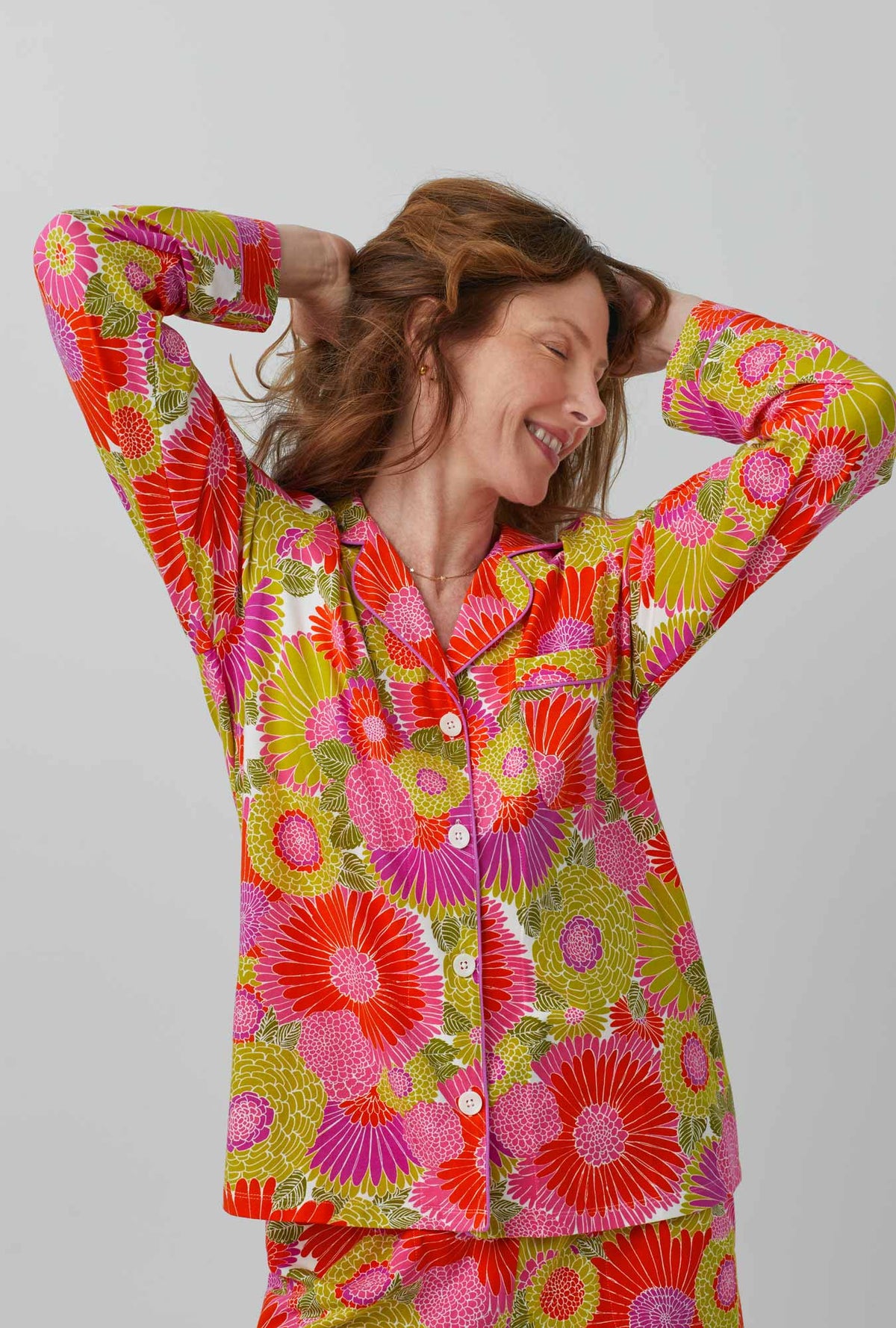 A lady wearing Warm Sand Botanical Long Sleeve Classic Stretch Jeresey Short PJ Set