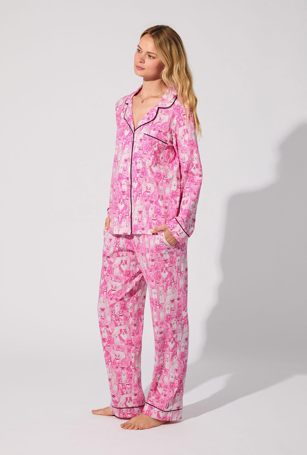 A lady wearing Paw-fectly Pink Long Sleeve Classic Stretch Jersey PJ Set