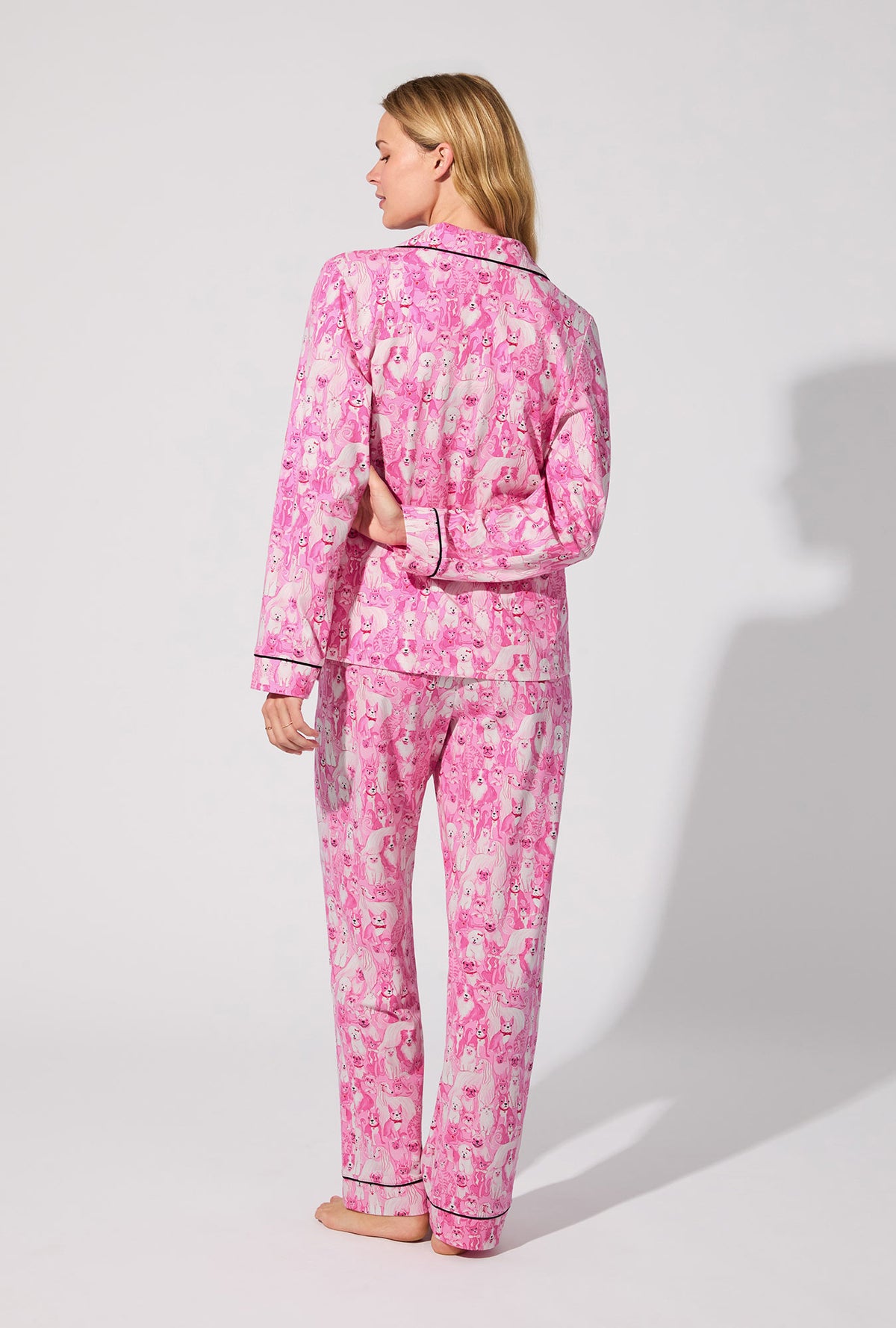 A lady wearing Paw-fectly Pink Long Sleeve Classic Stretch Jersey PJ Set